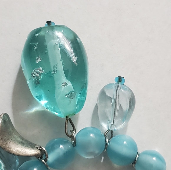 Vintage lucite aqua chunky beads cats eye silver necklace stainless steel 90's - Picture 8 of 13